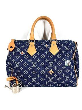 Louis Vuitton Handbag Speedy Bandouliere 30 Monogram Flower Denim Blue